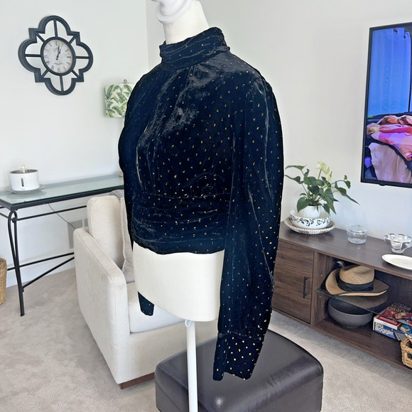 Zara Women Velvet Crop Long Sleeve Sparkle Top Size M High Neck Puff Sleeve - Picture 3 of 11